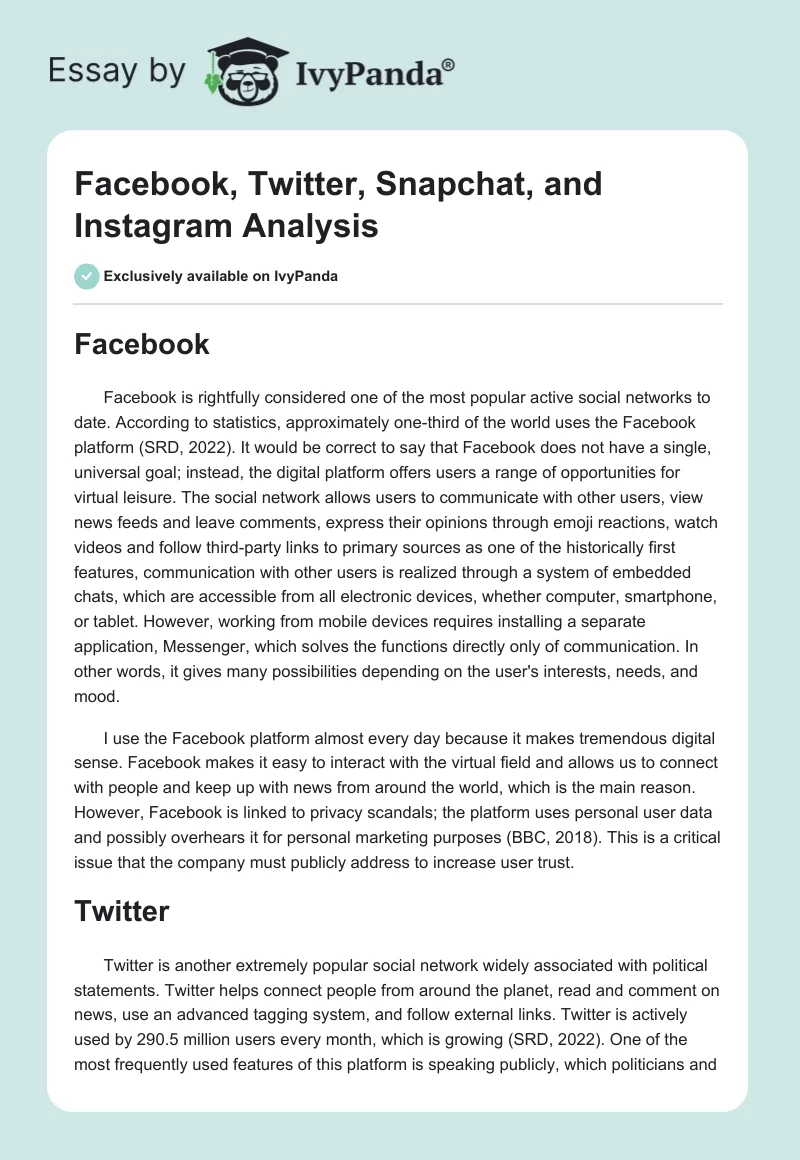 Facebook, Twitter, Snapchat, and Instagram Analysis. Page 1