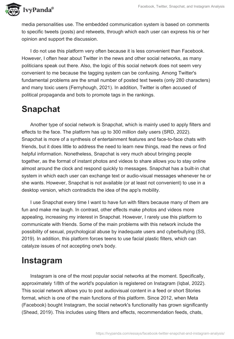 Facebook, Twitter, Snapchat, and Instagram Analysis. Page 2