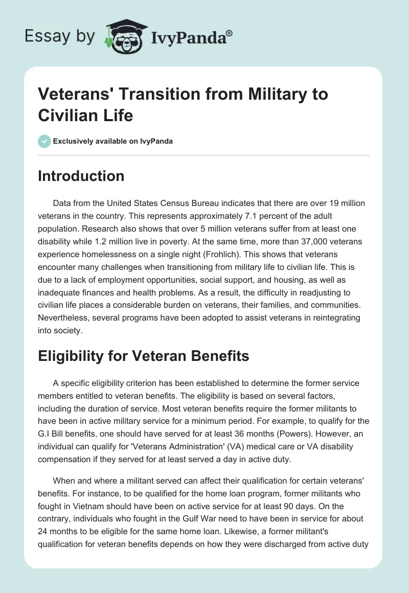 Veterans' Transition From Military to Civilian Life. Page 1