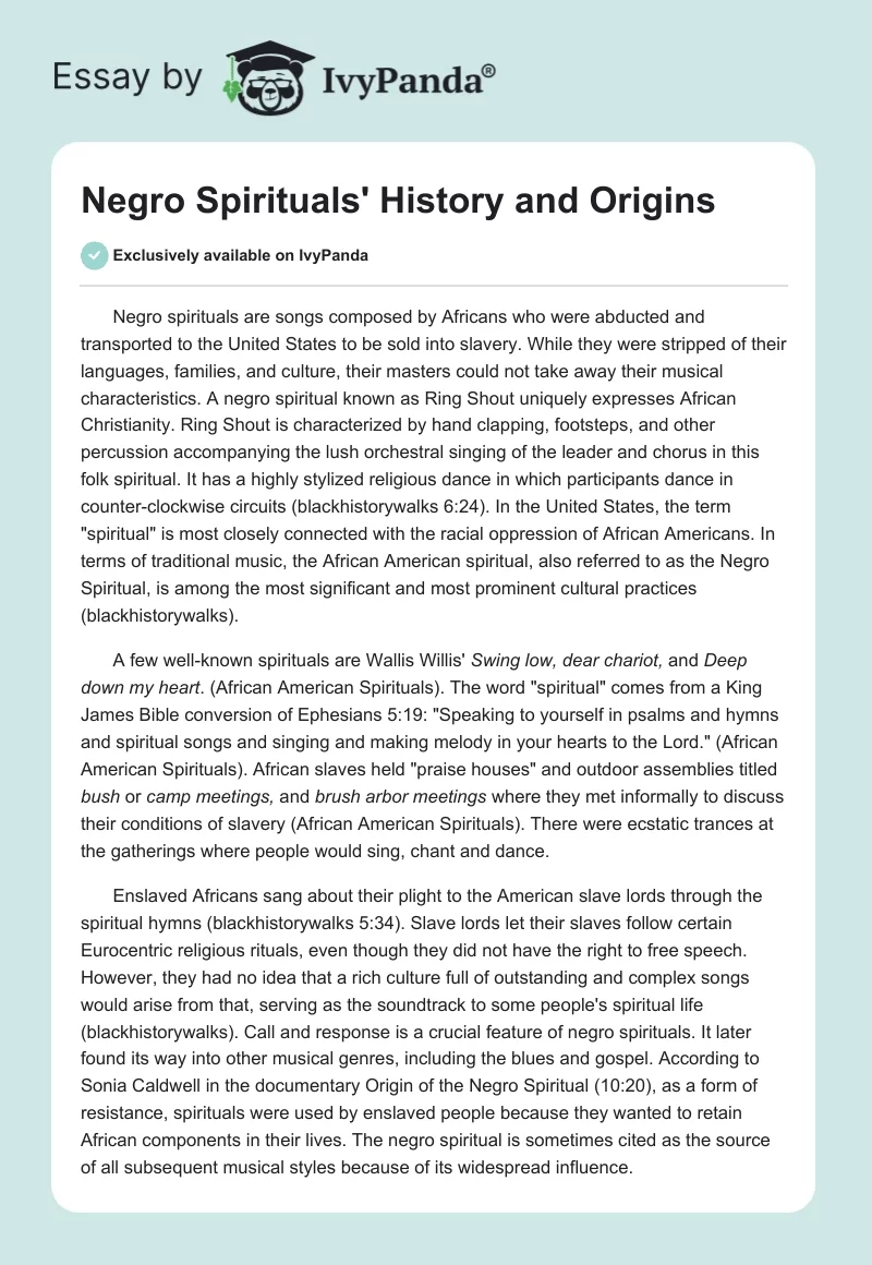 Negro Spirituals' History and Origins. Page 1