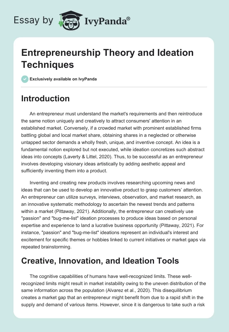 Entrepreneurship Theory and Ideation Techniques. Page 1