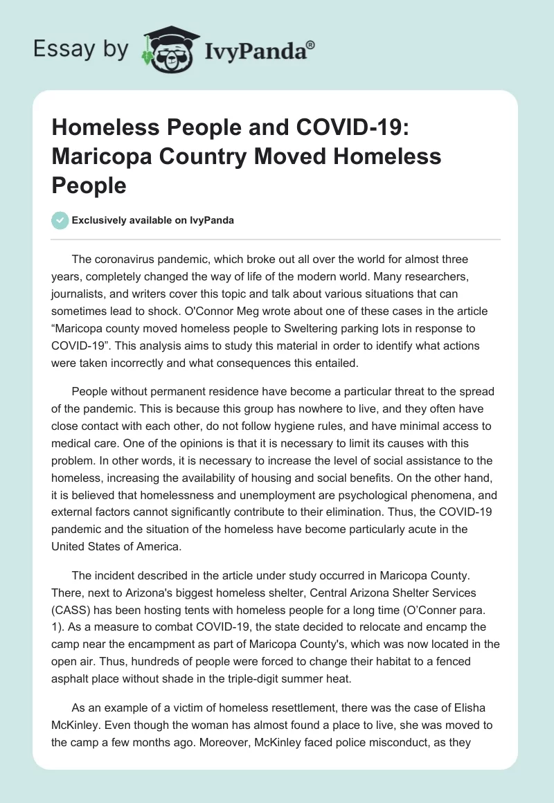 Homeless People and COVID-19: Maricopa Country Moved Homeless People. Page 1