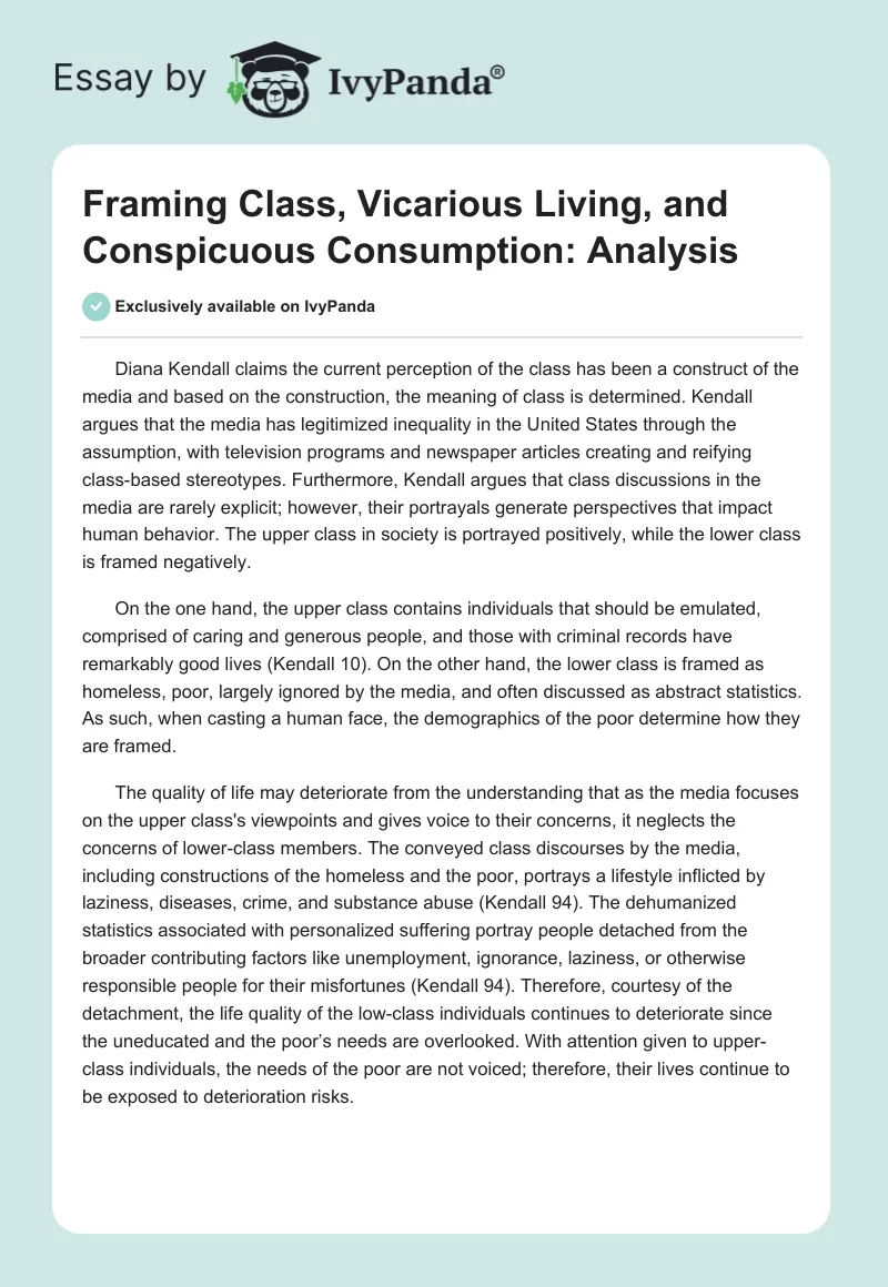 Framing Class, Vicarious Living, and Conspicuous Consumption: Analysis. Page 1
