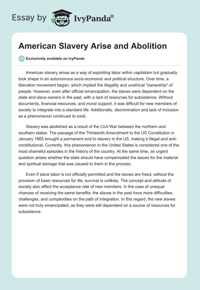American Slavery Arise and Abolition. Page 1