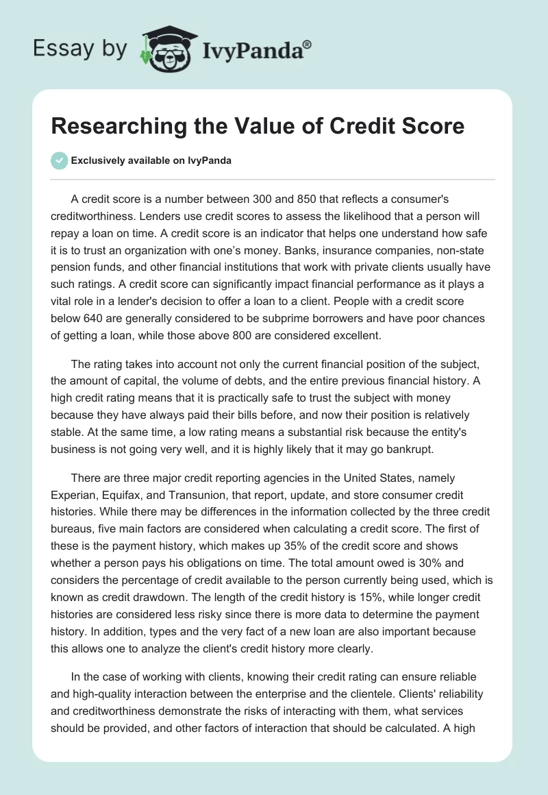 Researching the Value of Credit Score. Page 1