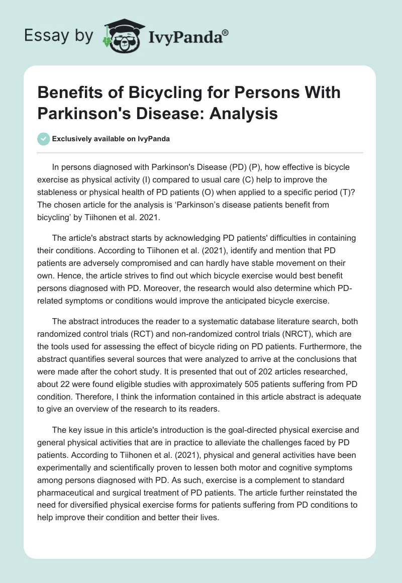 Benefits of Bicycling for Persons With Parkinson's Disease: Analysis. Page 1