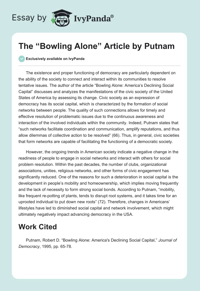 The “Bowling Alone” Article by Putnam. Page 1