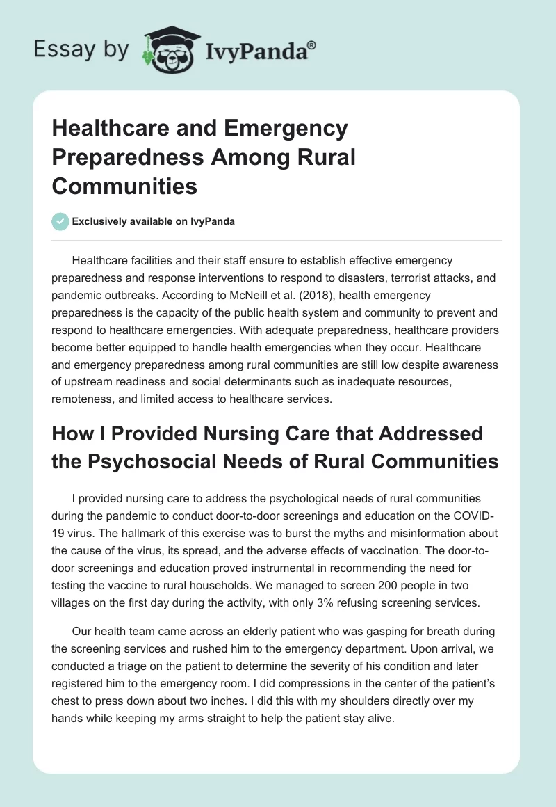 Healthcare and Emergency Preparedness Among Rural Communities. Page 1