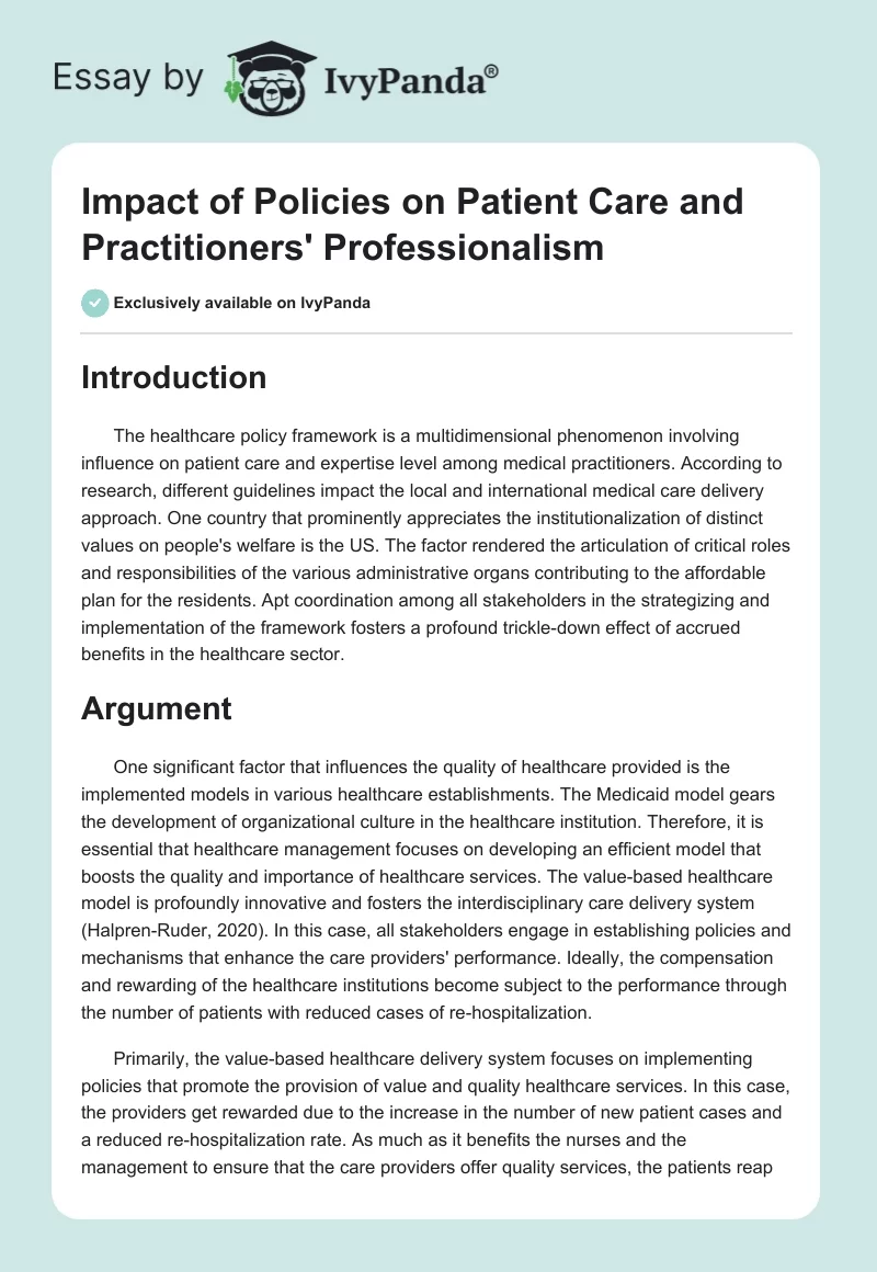Impact of Policies on Patient Care and Practitioners' Professionalism. Page 1