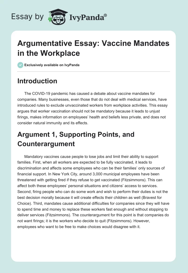 Argumentative Essay: Vaccine Mandates in the Workplace. Page 1
