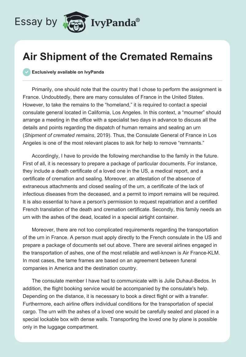 Air Shipment of the Cremated Remains. Page 1