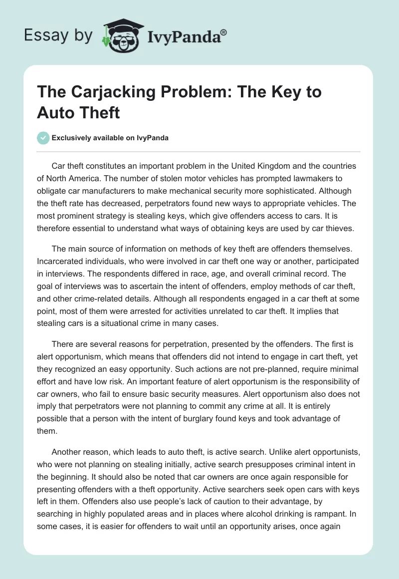 The Carjacking Problem: The Key to Auto Theft. Page 1
