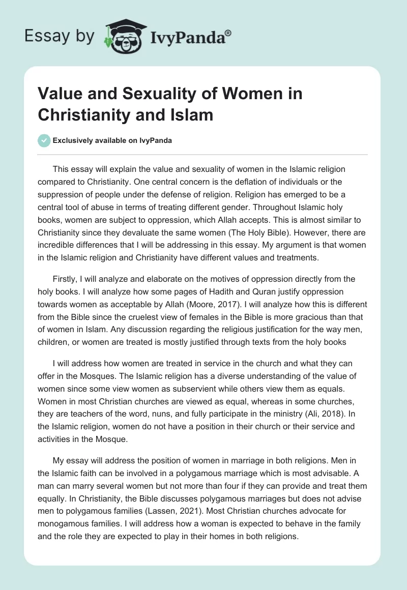 Value and Sexuality of Women in Christianity and Islam. Page 1