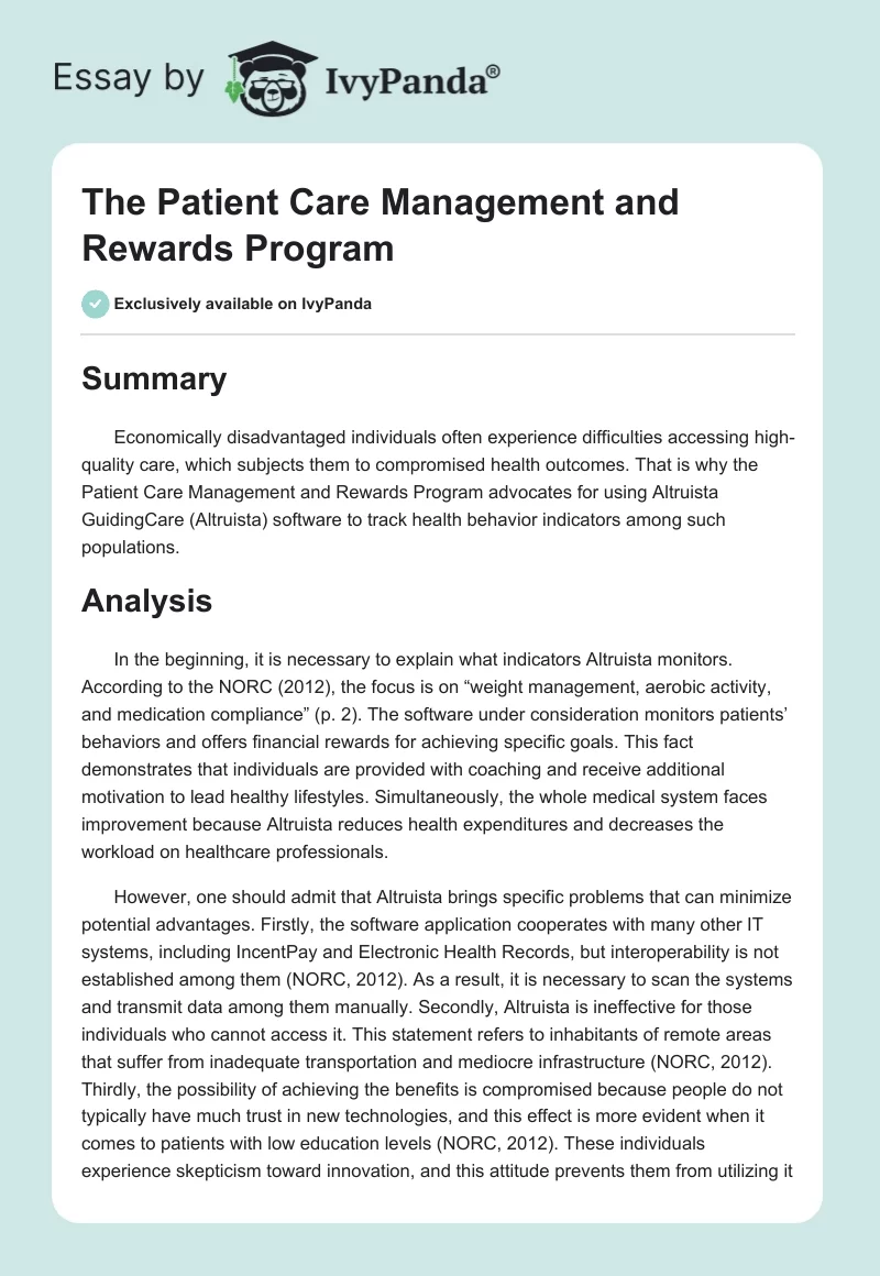 The Patient Care Management and Rewards Program. Page 1