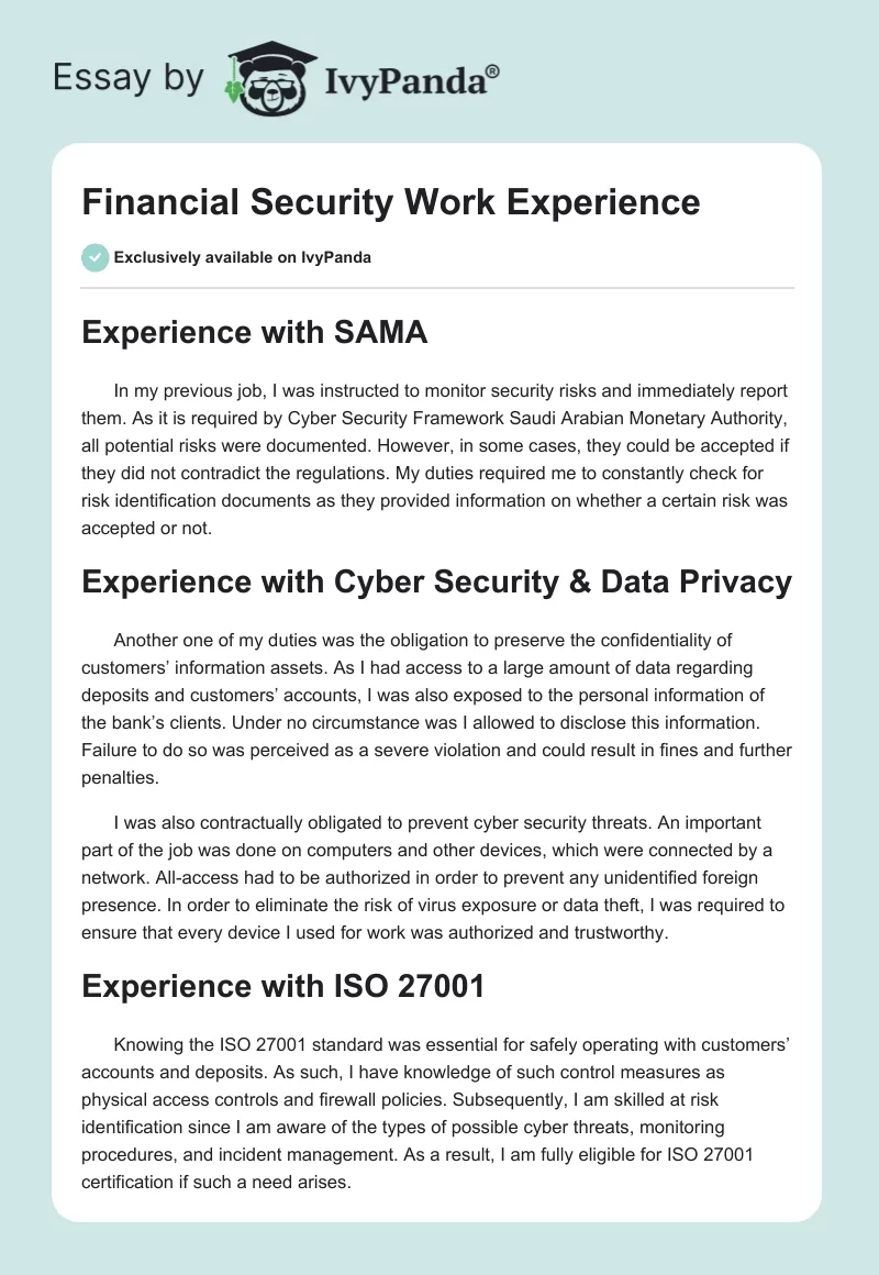 Financial Security Work Experience. Page 1