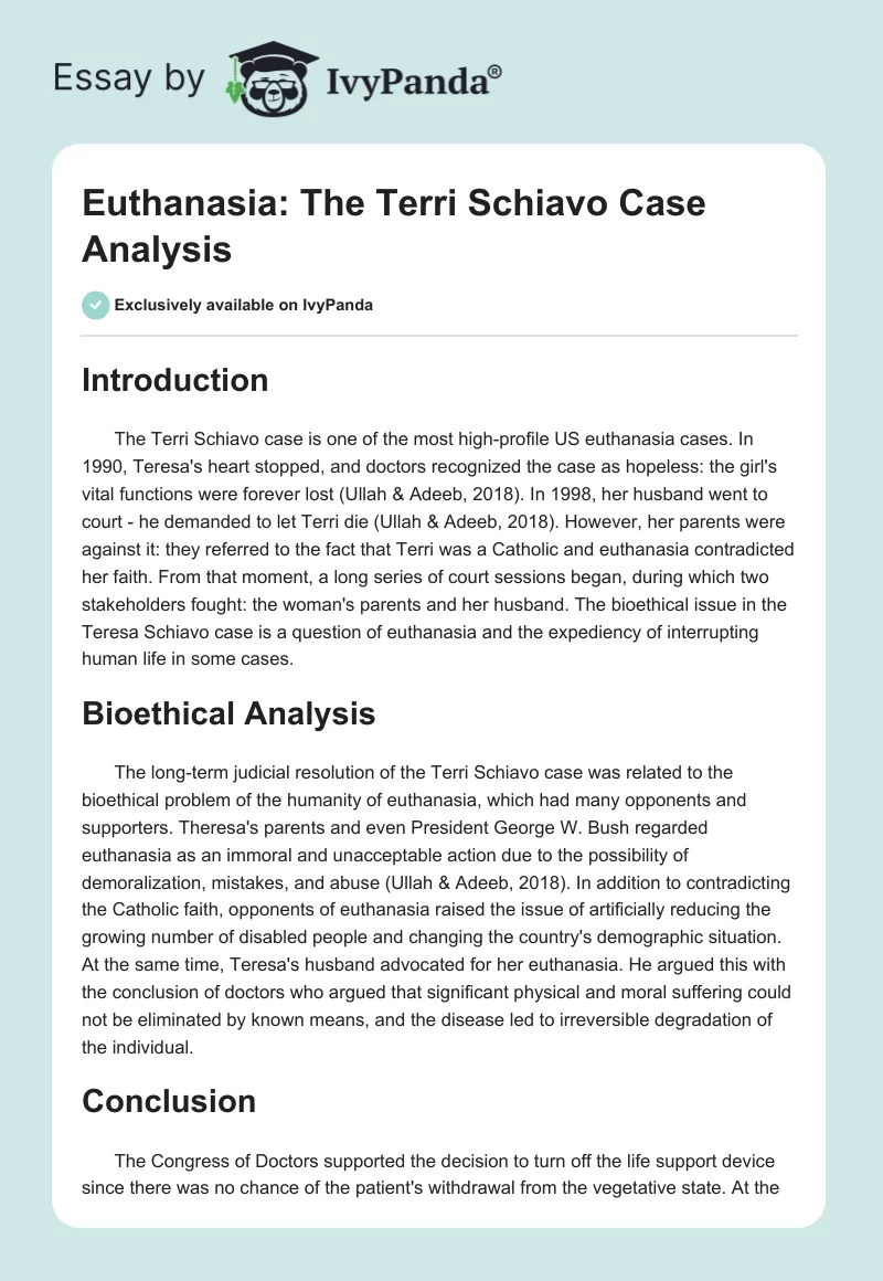 Euthanasia: The Terri Schiavo Case Analysis. Page 1