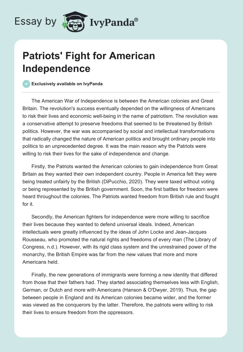 Patriots' Fight for American Independence. Page 1