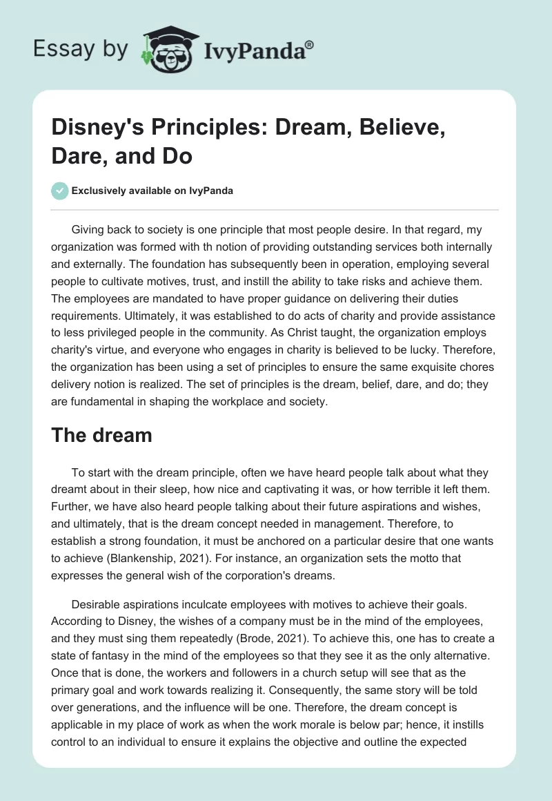 Disney's Principles: Dream, Believe, Dare, and Do. Page 1