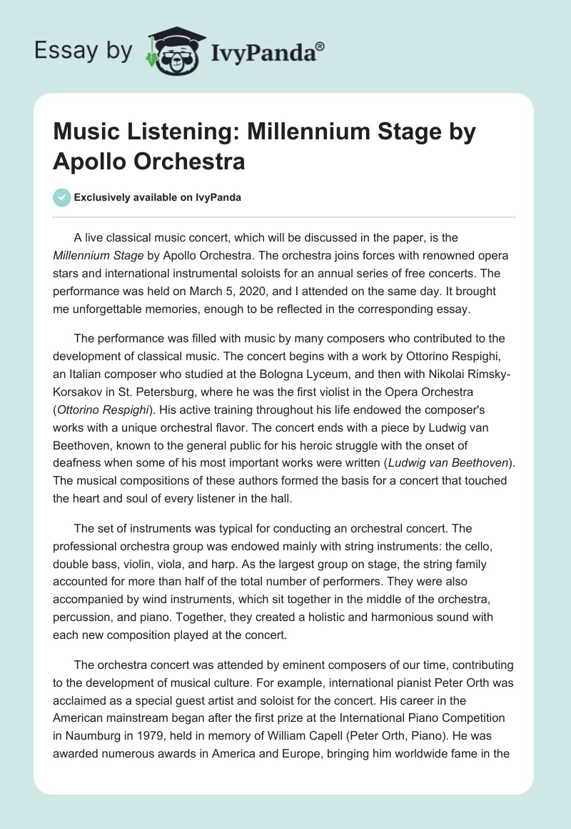 Music Listening: Millennium Stage by Apollo Orchestra. Page 1