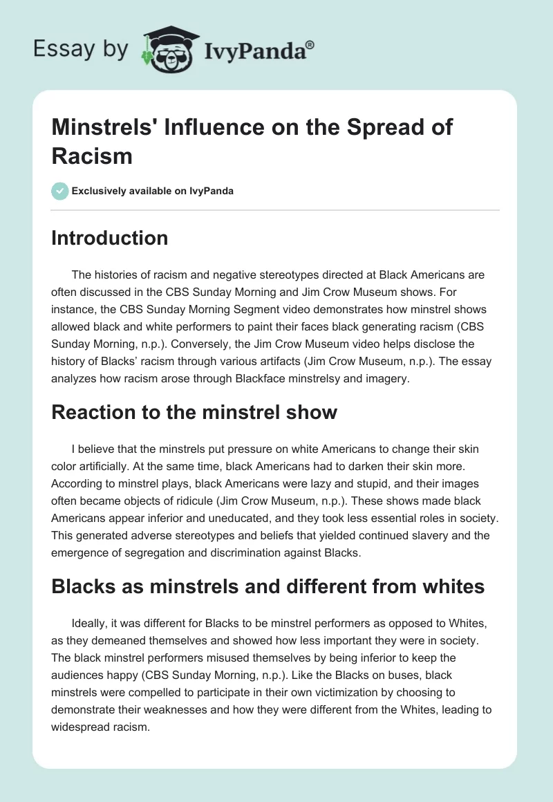 Minstrels' Influence on the Spread of Racism. Page 1