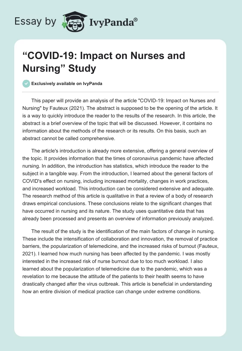 “COVID-19: Impact on Nurses and Nursing” Study. Page 1