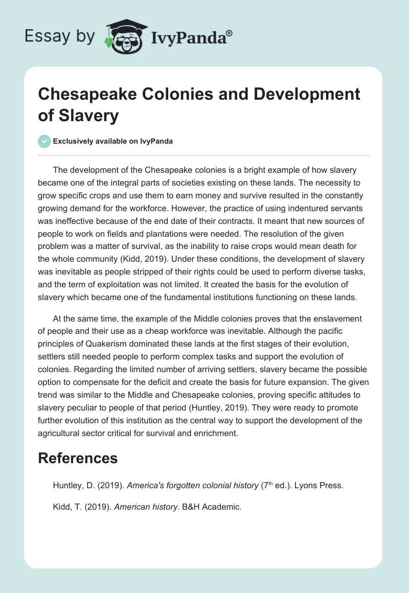 Chesapeake Colonies and Development of Slavery. Page 1