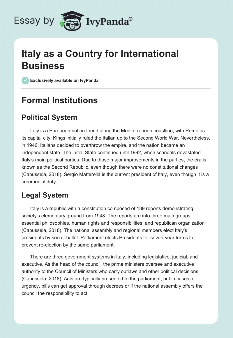 Italy as a Country for International Business. Page 1