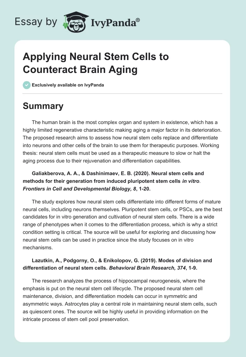 Applying Neural Stem Cells to Counteract Brain Aging. Page 1