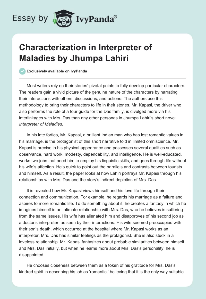 Characterization in Interpreter of Maladies by Jhumpa Lahiri. Page 1