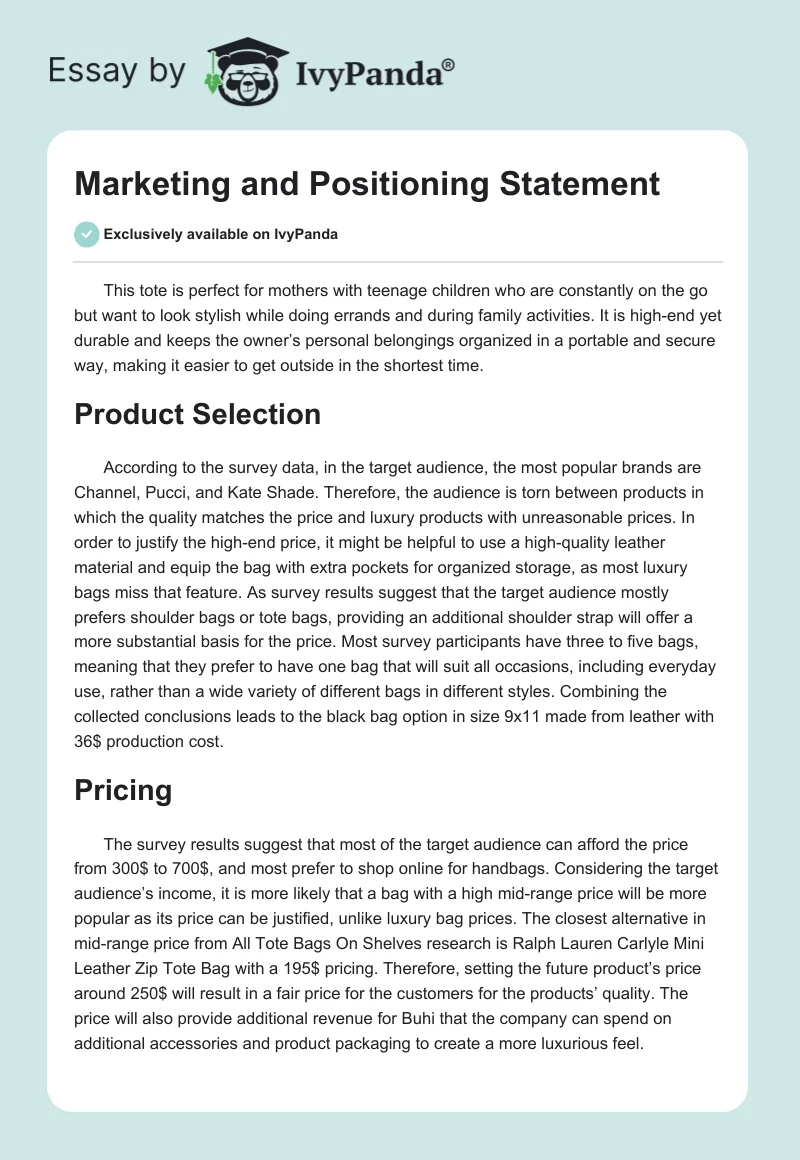 Marketing and Positioning Statement. Page 1
