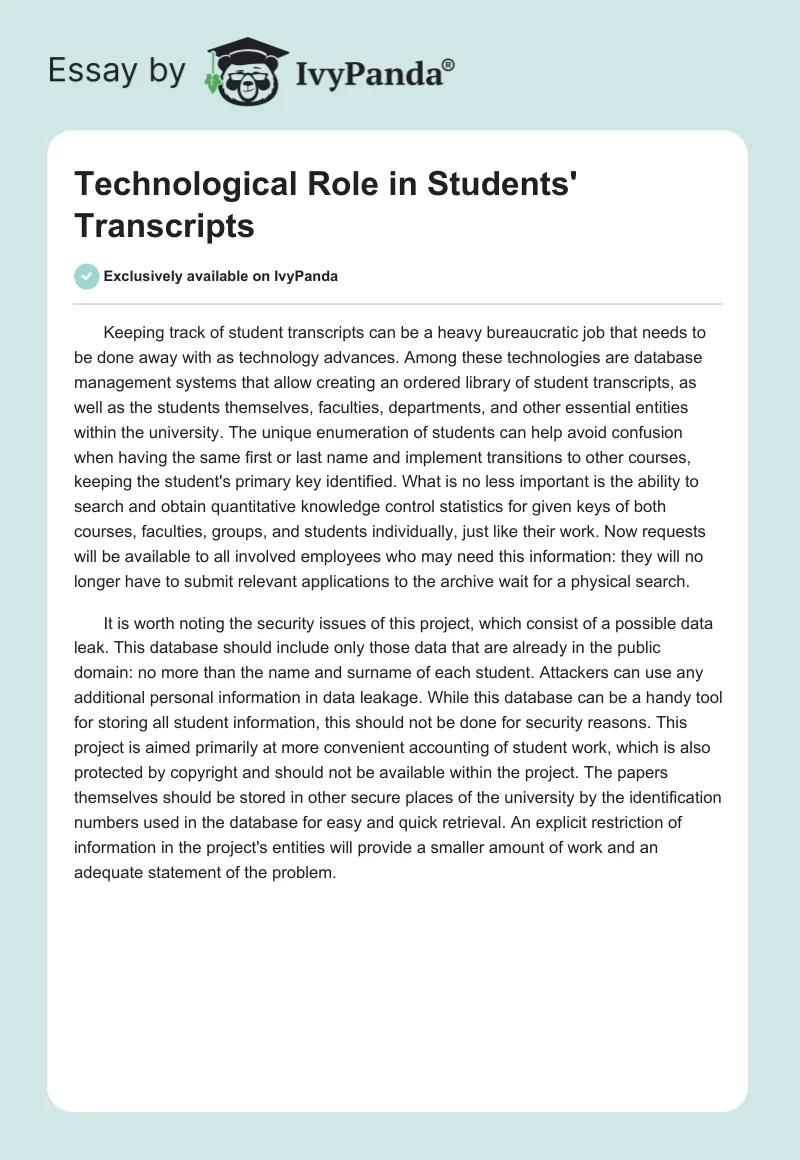 Technological Role in Students' Transcripts. Page 1