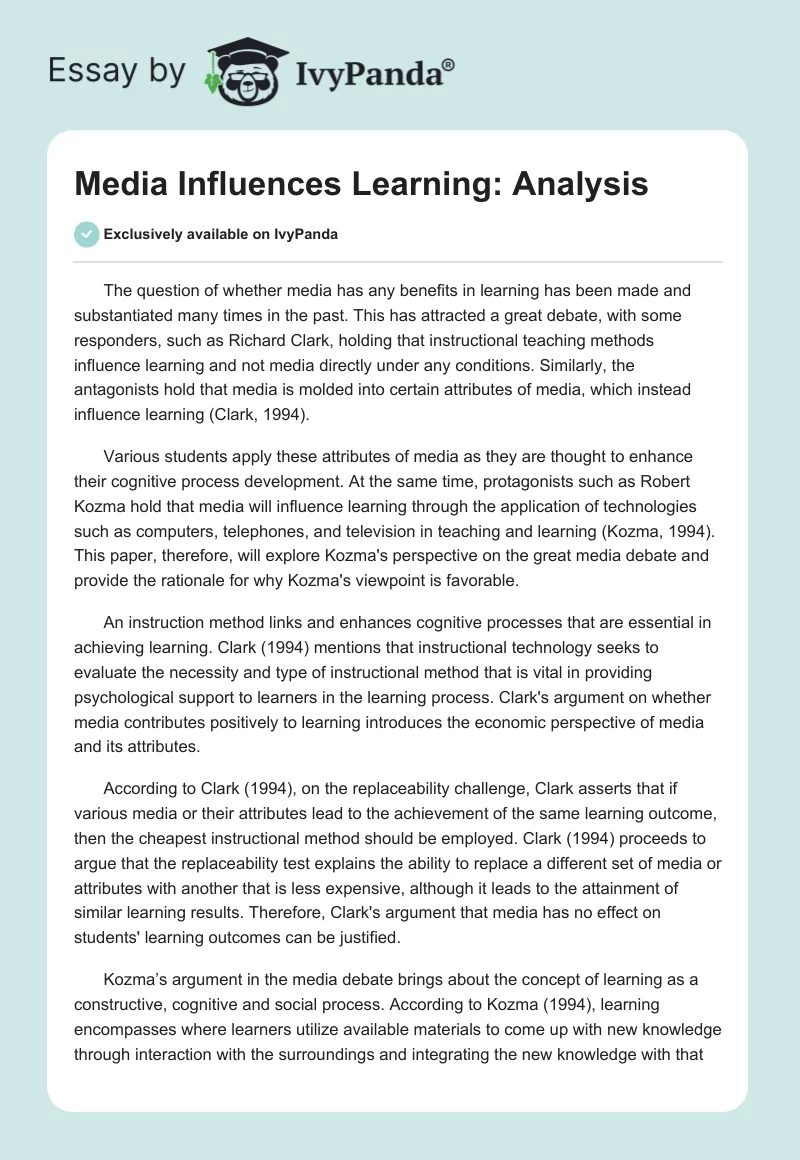 Media Influences Learning: Analysis. Page 1