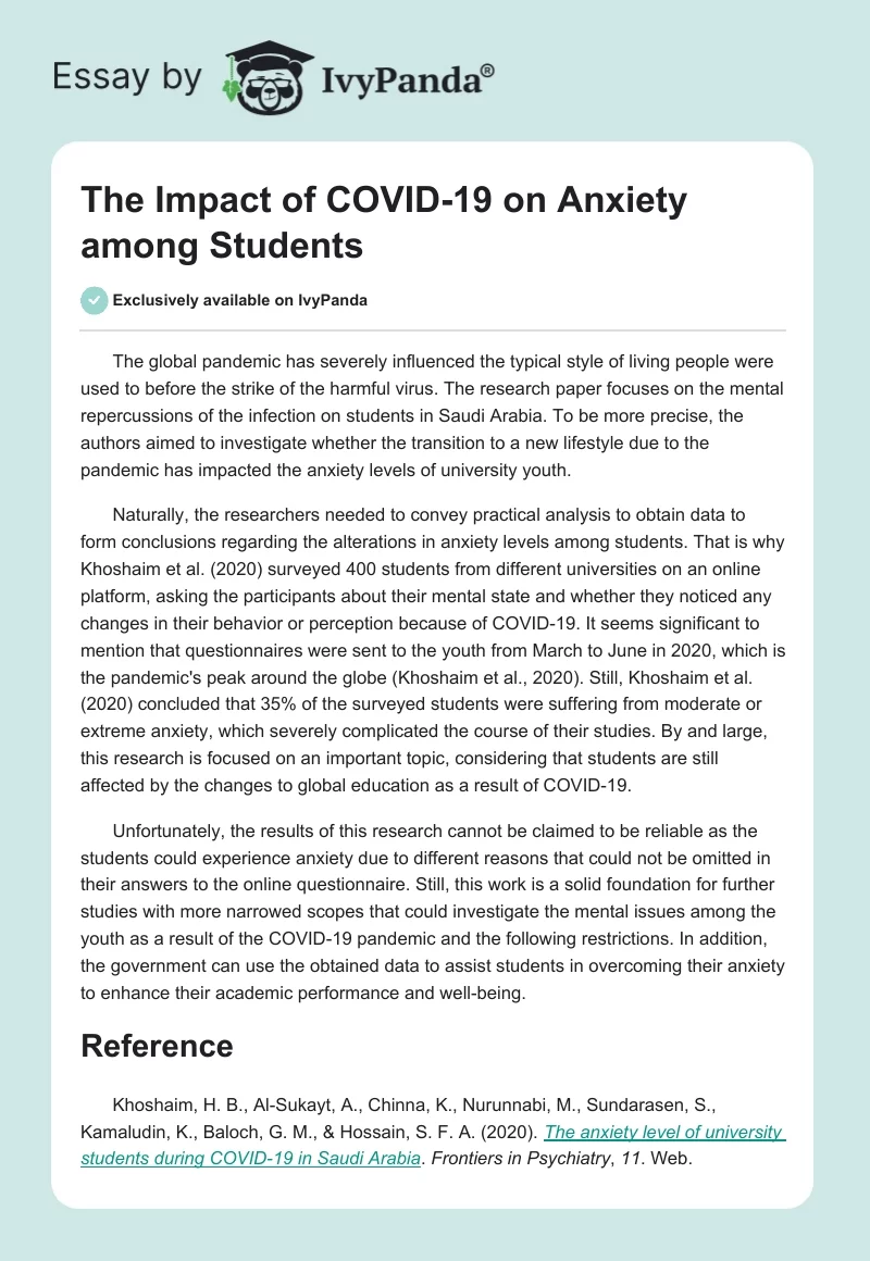 The Impact of COVID-19 on Anxiety among Students. Page 1