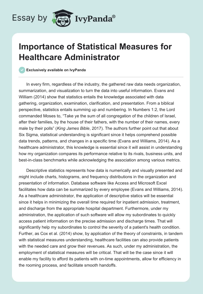 Importance of Statistical Measures for Healthcare Administrator. Page 1