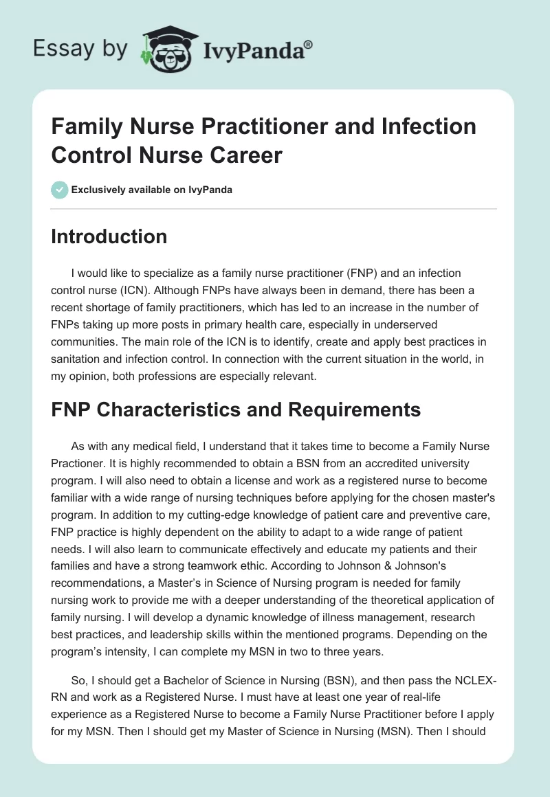 Family Nurse Practitioner and Infection Control Nurse Career. Page 1