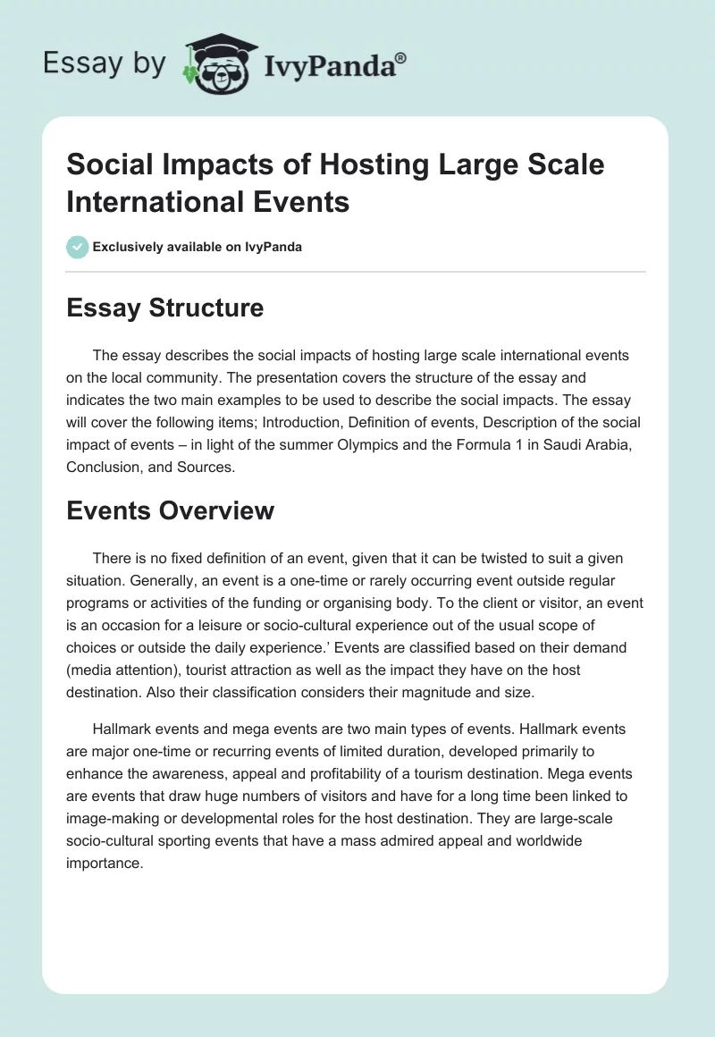 Social Impacts of Hosting Large Scale International Events. Page 1