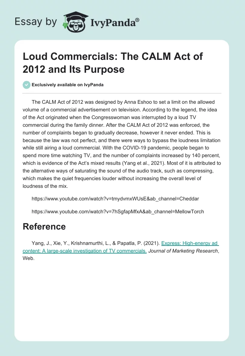 Loud Commercials: The CALM Act of 2012 and Its Purpose. Page 1
