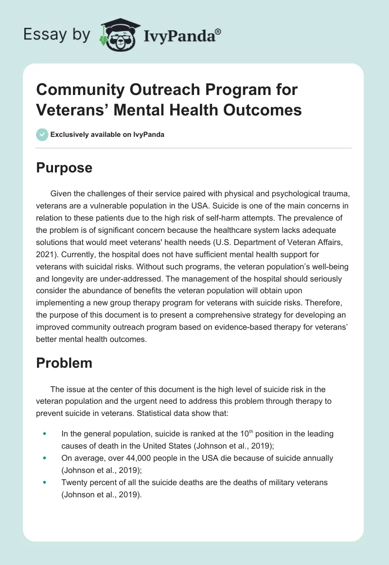 Community Outreach Program for Veterans’ Mental Health Outcomes. Page 1