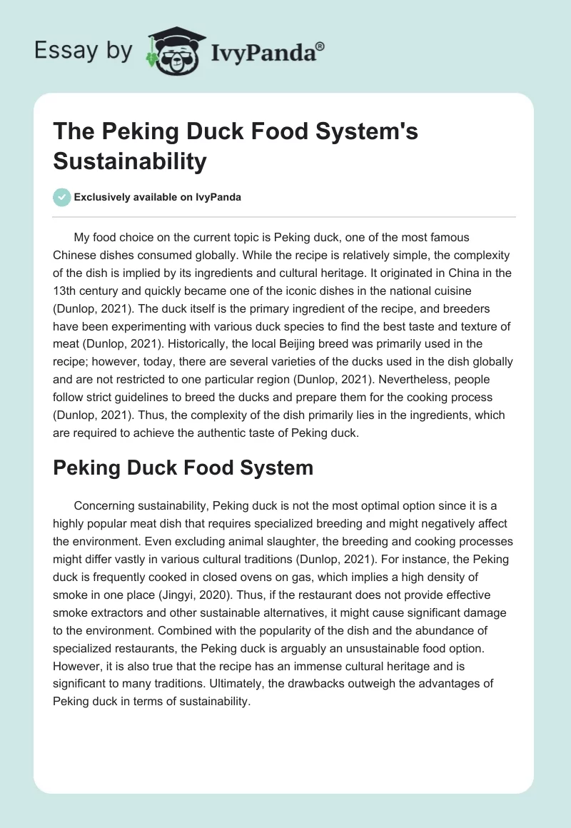 The Peking Duck Food System’s Sustainability. Page 1
