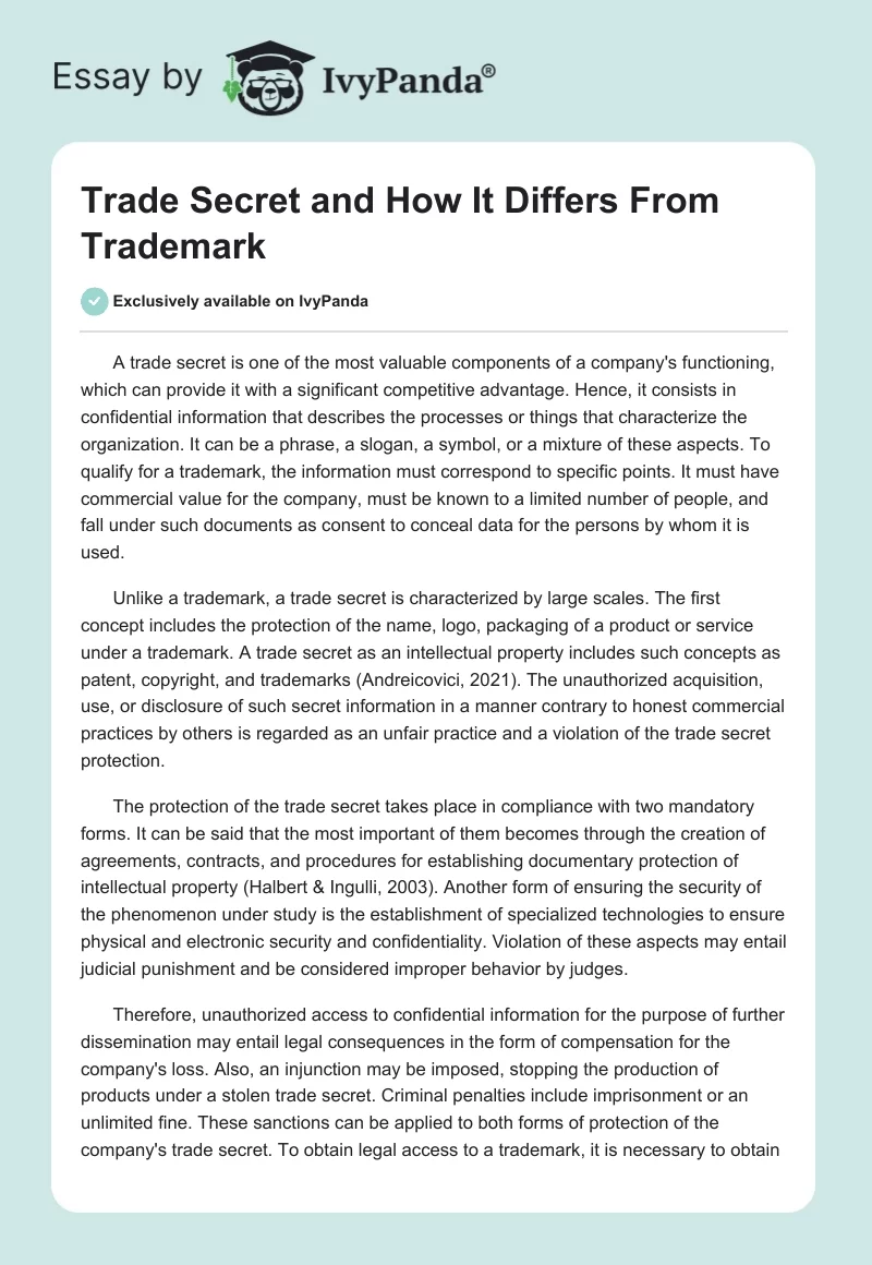 Trade Secret and How It Differs From Trademark. Page 1