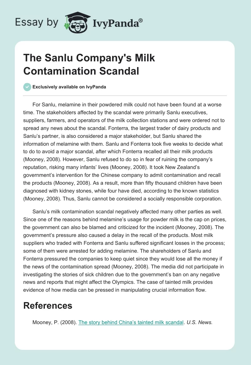 The Sanlu Company's Milk Contamination Scandal. Page 1
