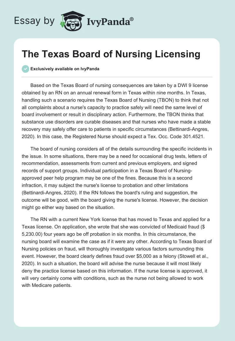 The Texas Board of Nursing Licensing. Page 1