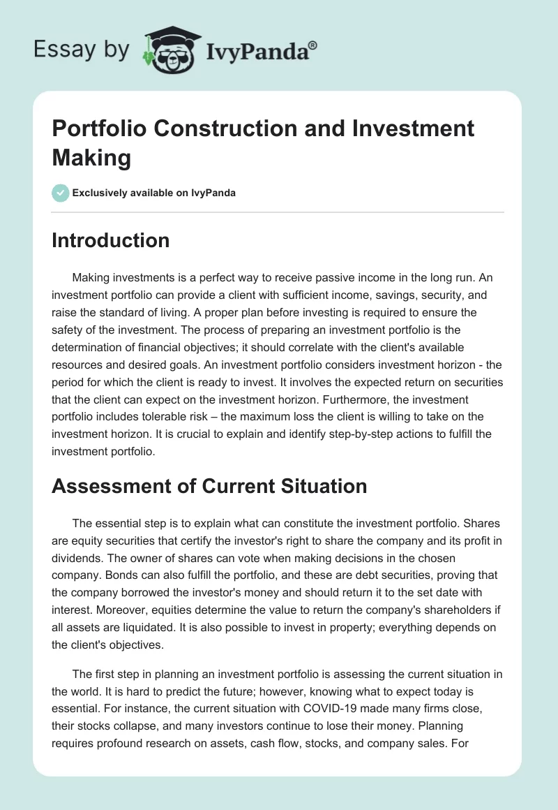Portfolio Construction and Investment Making. Page 1