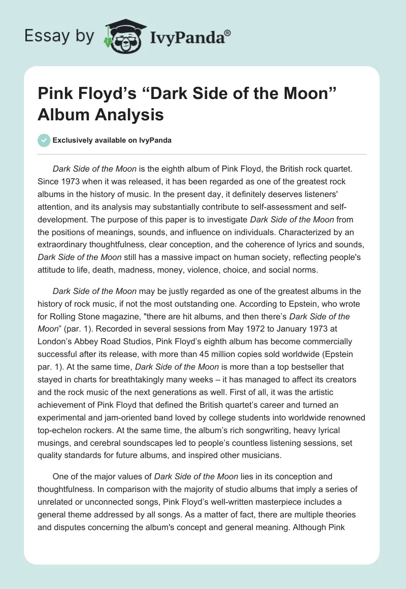 Pink Floyd’s “Dark Side of the Moon” Album Analysis. Page 1
