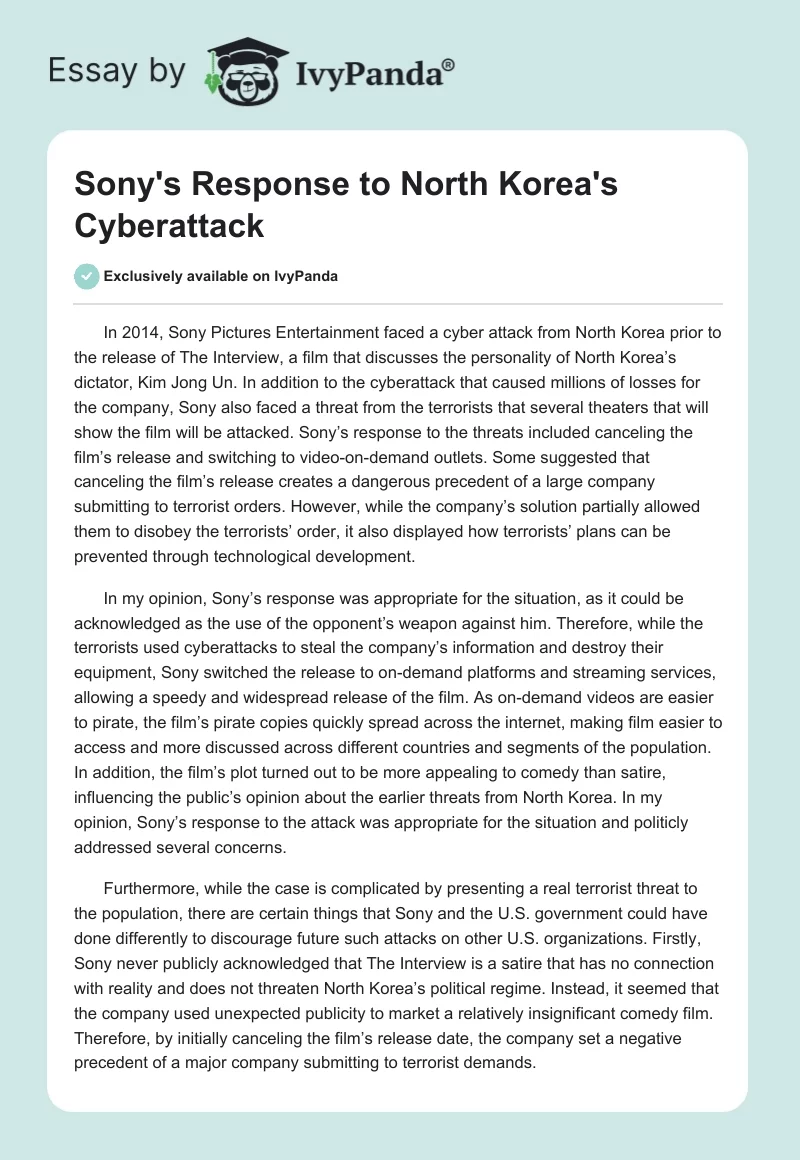 Sony's Response to North Korea's Cyberattack. Page 1