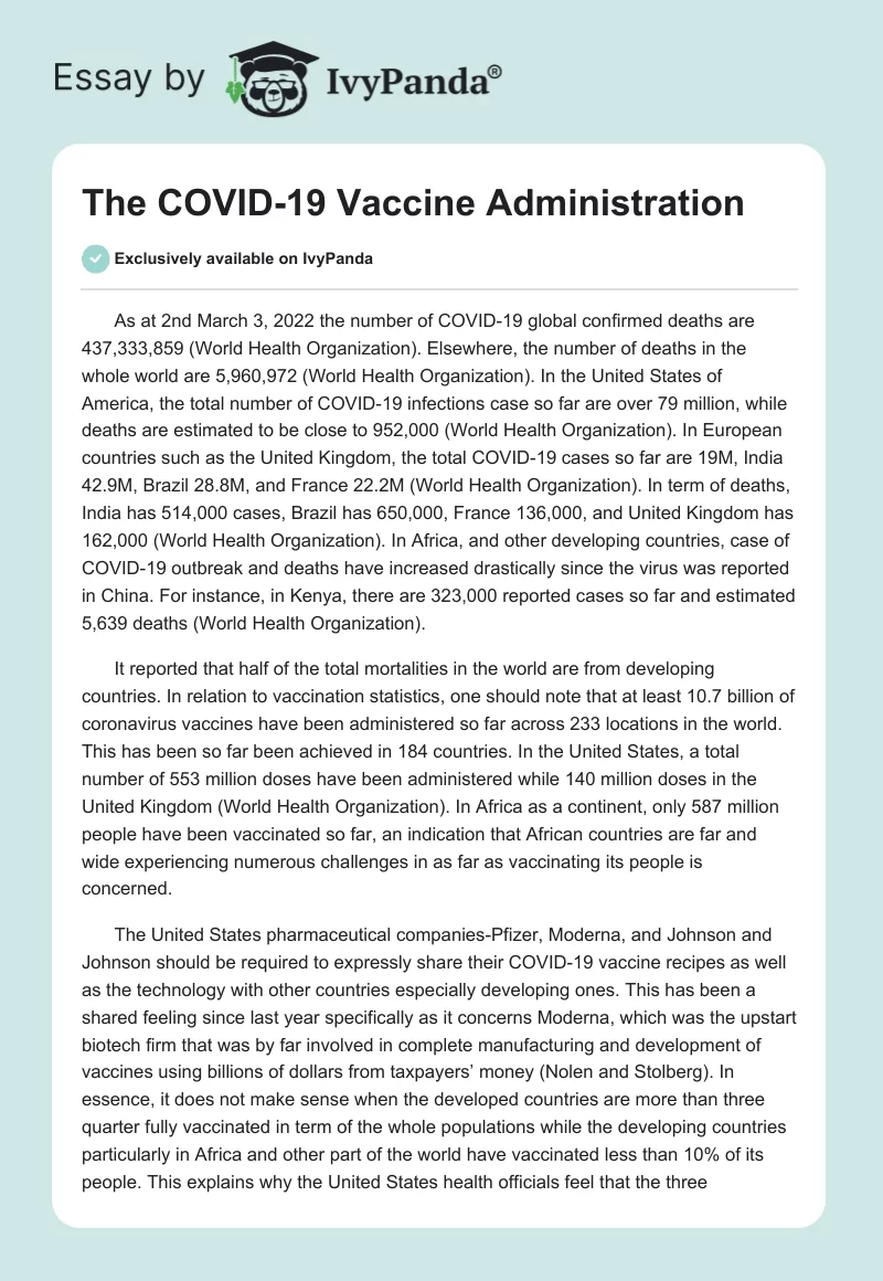 The COVID-19 Vaccine Administration. Page 1