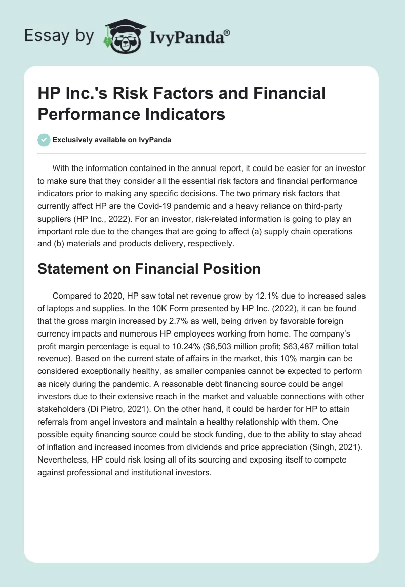 HP Inc.'s Risk Factors and Financial Performance Indicators. Page 1