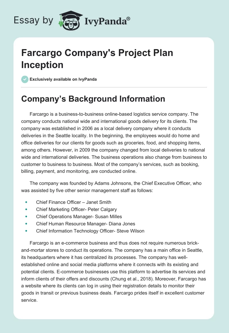 Farcargo Company's Project Plan Inception. Page 1