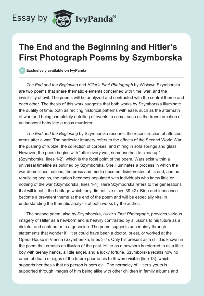 "The End and the Beginning" and "Hitler’s First Photograph" Poems by Szymborska. Page 1