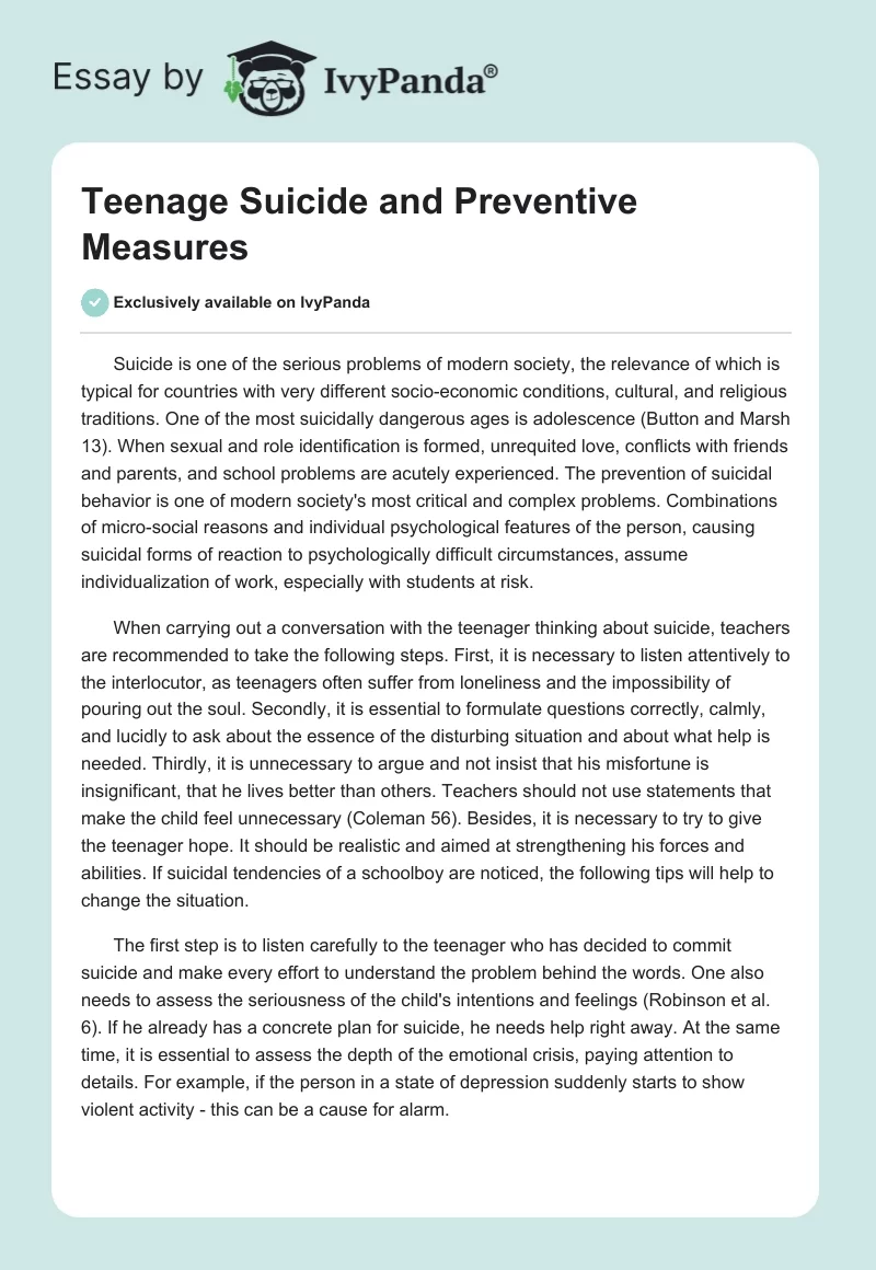 Teenage Suicide and Preventive Measures. Page 1